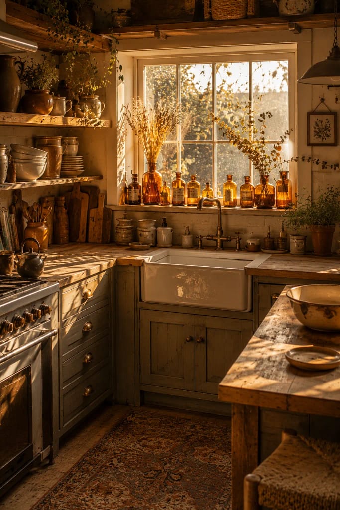 23 Fall Cottagecore Kitchen Ideas for Cozy Living 12 Amber Glass Bottles
