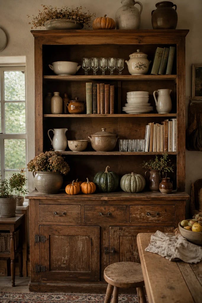 23 Fall Cottagecore Kitchen Ideas for Cozy Living 11 Antique Wooden Hutch