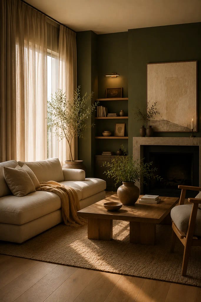 21 Dark Green Living Room Ideas for Rich Style 14 Beige Linen Curtains