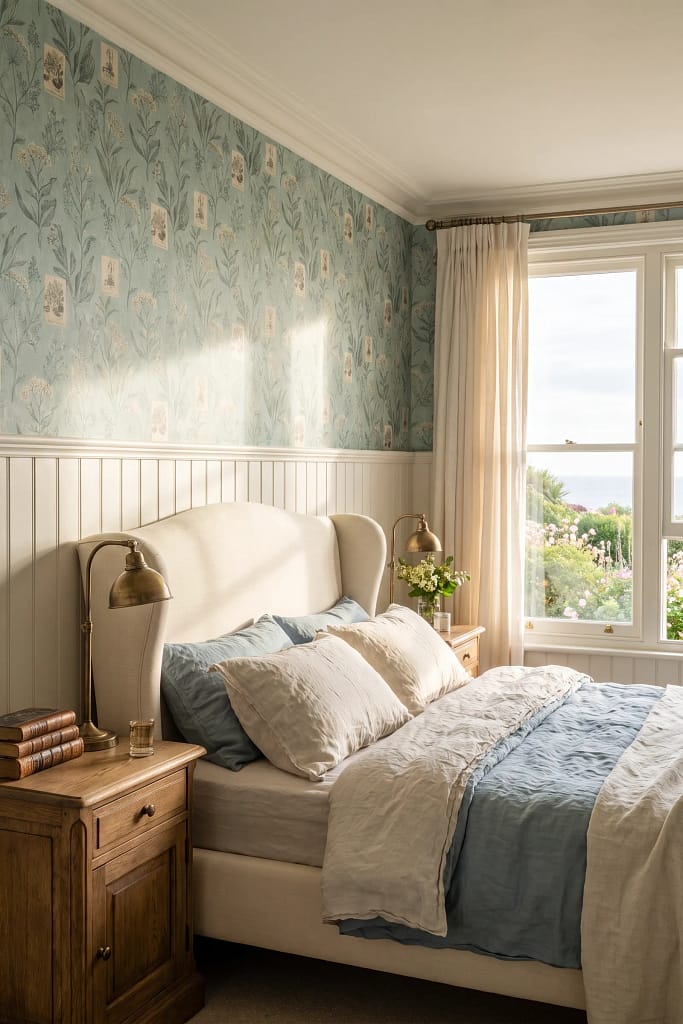 22 Seafoam Green Bedroom Ideas for Calm Coastal Style 10 Botanical Print Wallpaper