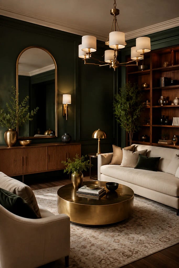 21 Dark Green Living Room Ideas for Rich Style 4 Brass Accent Details