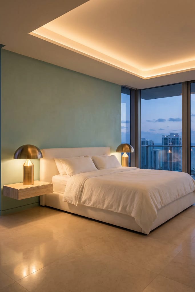 22 Seafoam Green Bedroom Ideas for Calm Coastal Style 11 Brass Bedside Lamps