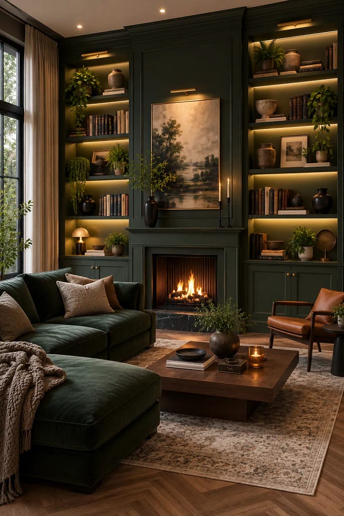 21 Dark Green Living Room Ideas for Rich Style 9 Built In Shelving