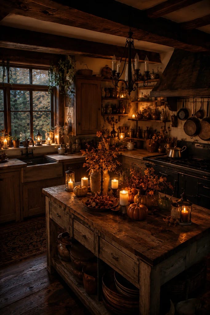 23 Fall Cottagecore Kitchen Ideas for Cozy Living 22 Candlelit Counter Display