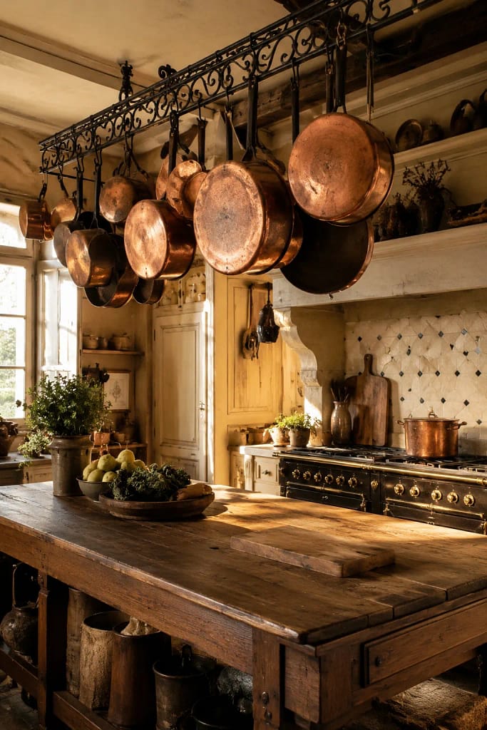 23 Fall Cottagecore Kitchen Ideas for Cozy Living 3 Copper Cookware Display