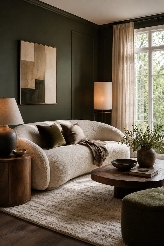 21 Dark Green Living Room Ideas for Rich Style 7 Cream Furniture Contrast