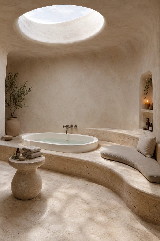 22 Corner Bathtub Ideas to Create Spa Style at Home 17 Curved Built-In Bench