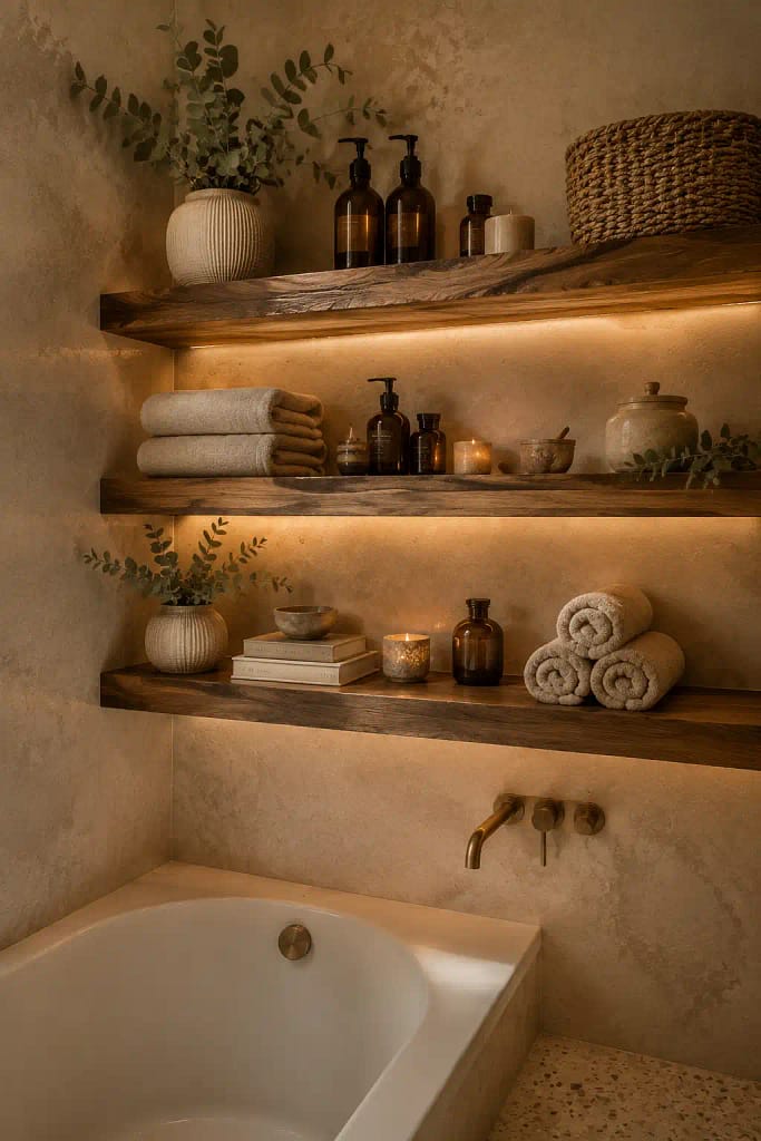 22 Corner Bathtub Ideas to Create Spa Style at Home 8 Floating Wood Shelves