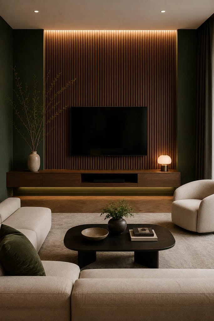 21 Dark Green Living Room Ideas for Rich Style 19 Fluted Wood Panels