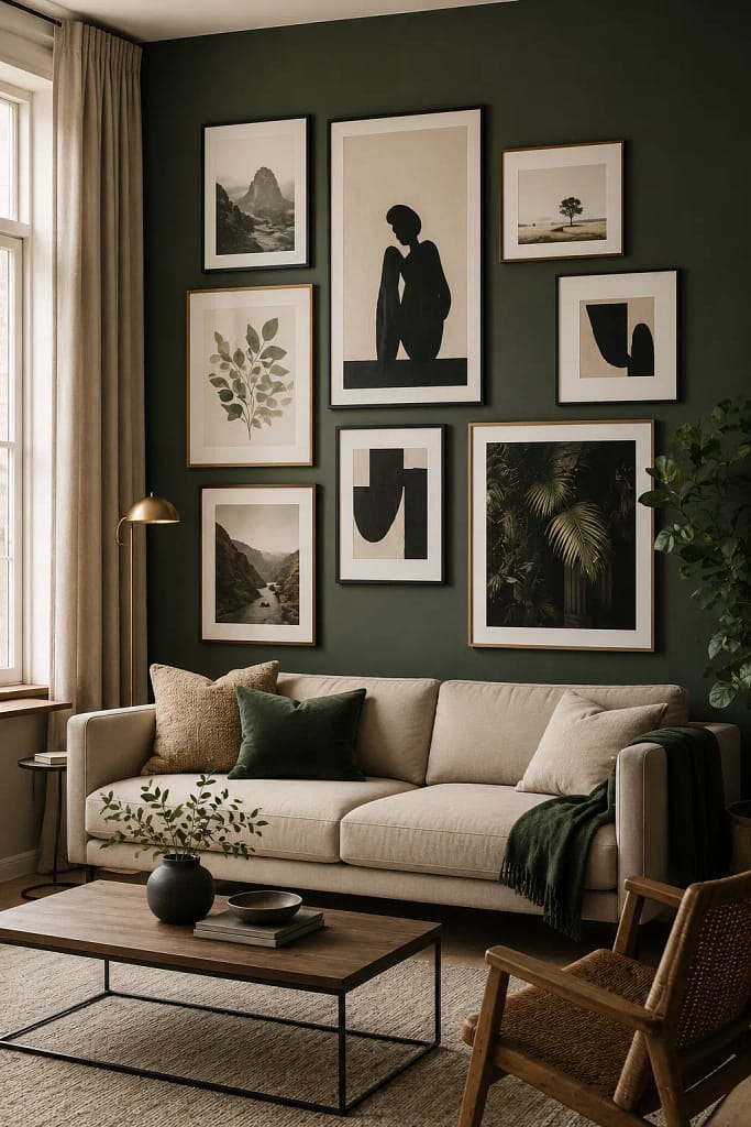 21 Dark Green Living Room Ideas for Rich Style 6 Gallery Wall Display