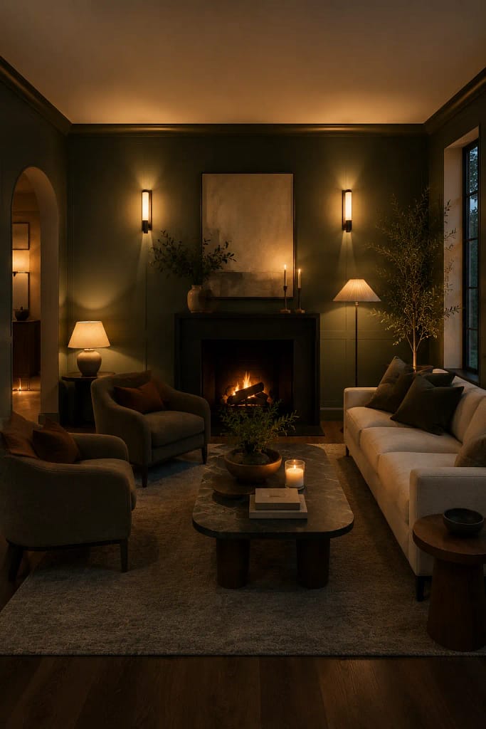 21 Dark Green Living Room Ideas for Rich Style 8 Layered Lighting