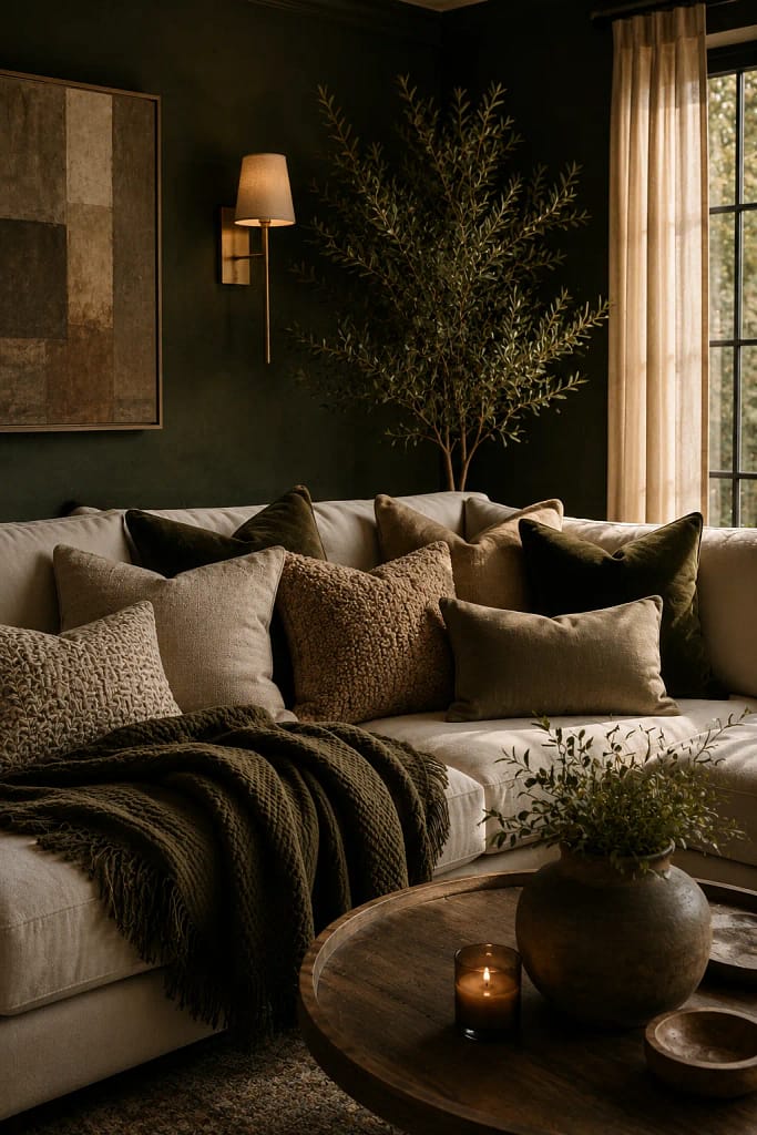 21 Dark Green Living Room Ideas for Rich Style 20 Layered Throw Pillows