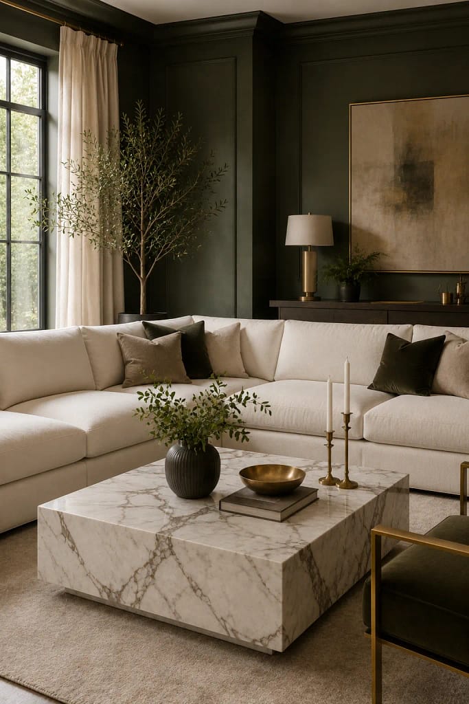 21 Dark Green Living Room Ideas for Rich Style 13 Marble Coffee Table