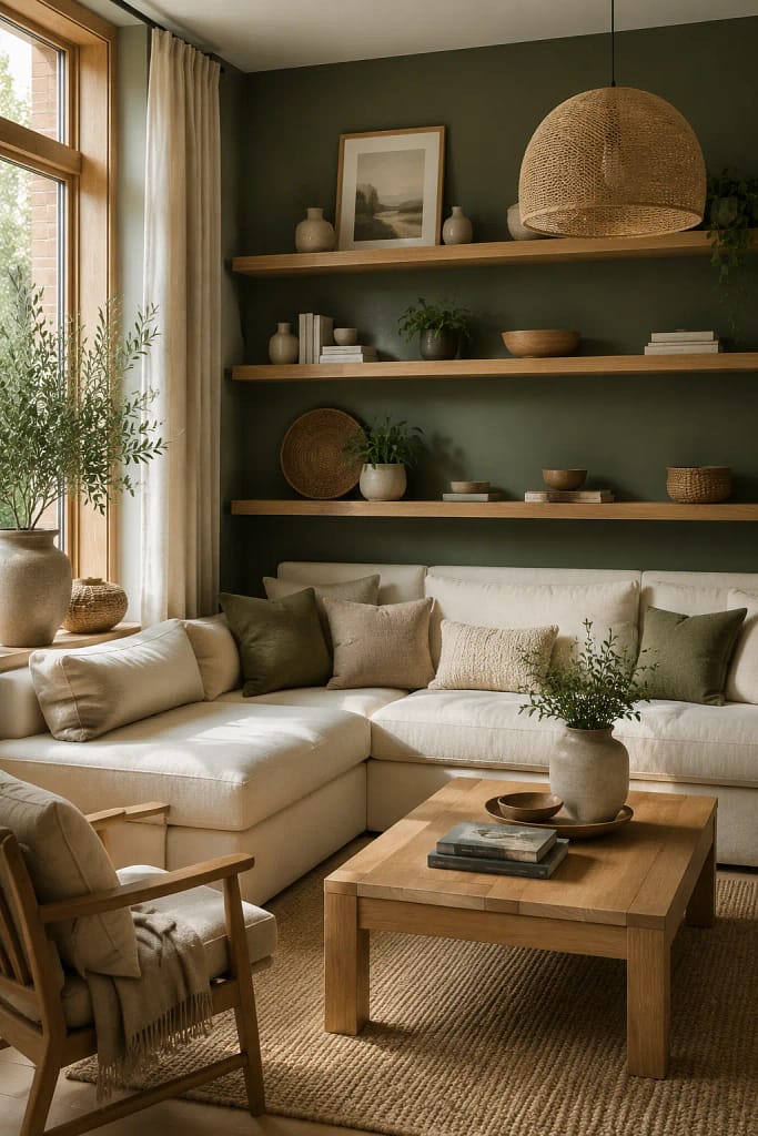 21 Dark Green Living Room Ideas for Rich Style 5 Natural Wood Balance