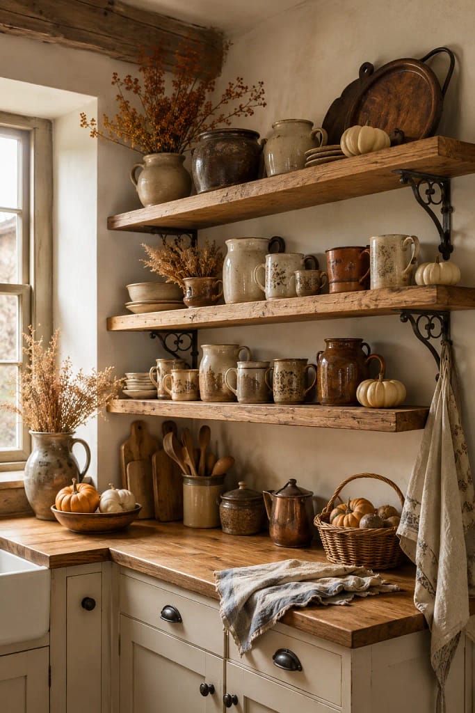 23 Fall Cottagecore Kitchen Ideas for Cozy Living 2 Open Wood Shelves