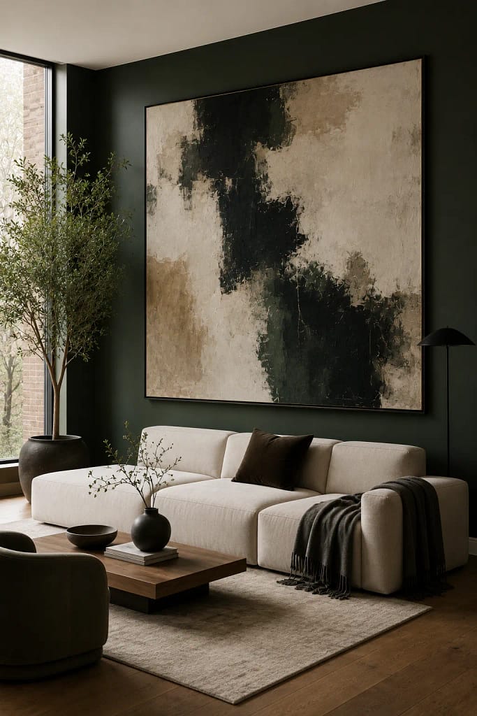 21 Dark Green Living Room Ideas for Rich Style 18 Oversized Abstract Art