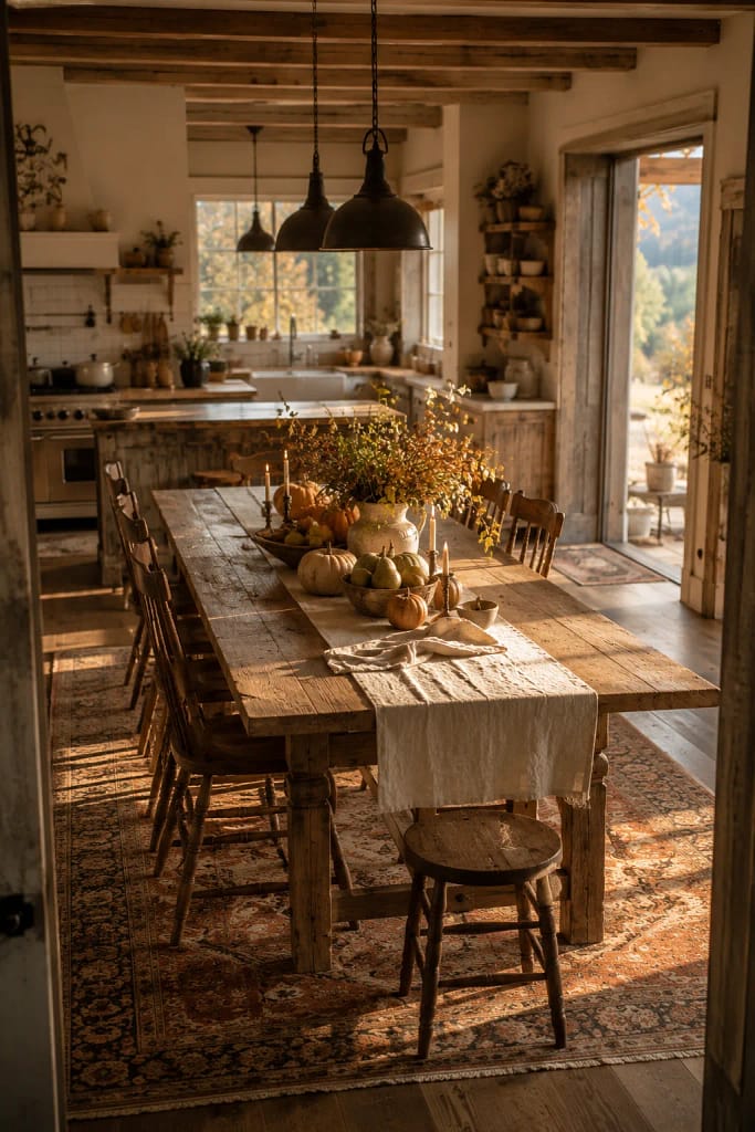 23 Fall Cottagecore Kitchen Ideas for Cozy Living 9 Rustic Farm Table