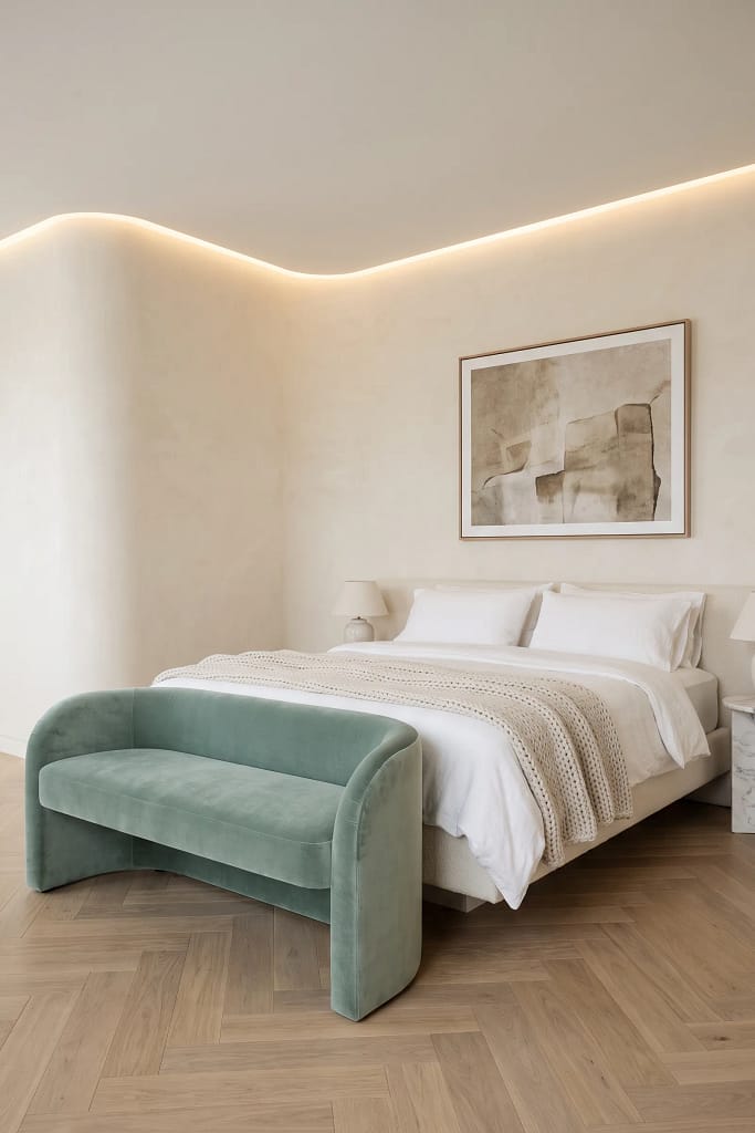 22 Seafoam Green Bedroom Ideas for Calm Coastal Style 21 Seafoam Green Upholstered Bench