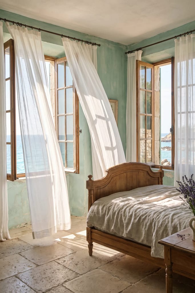 22 Seafoam Green Bedroom Ideas for Calm Coastal Style 7 Sheer White Curtains