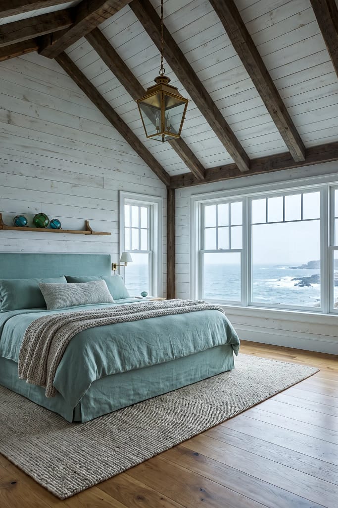 22 Seafoam Green Bedroom Ideas for Calm Coastal Style 14 Shiplap Feature Wall