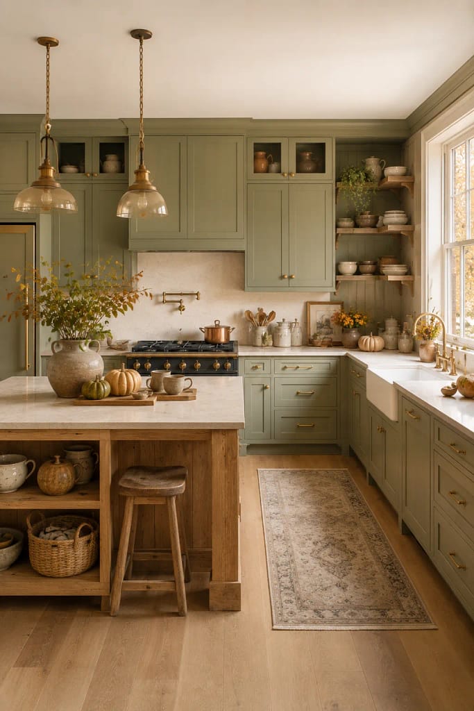 23 Fall Cottagecore Kitchen Ideas for Cozy Living 15 Soft Sage Cabinets