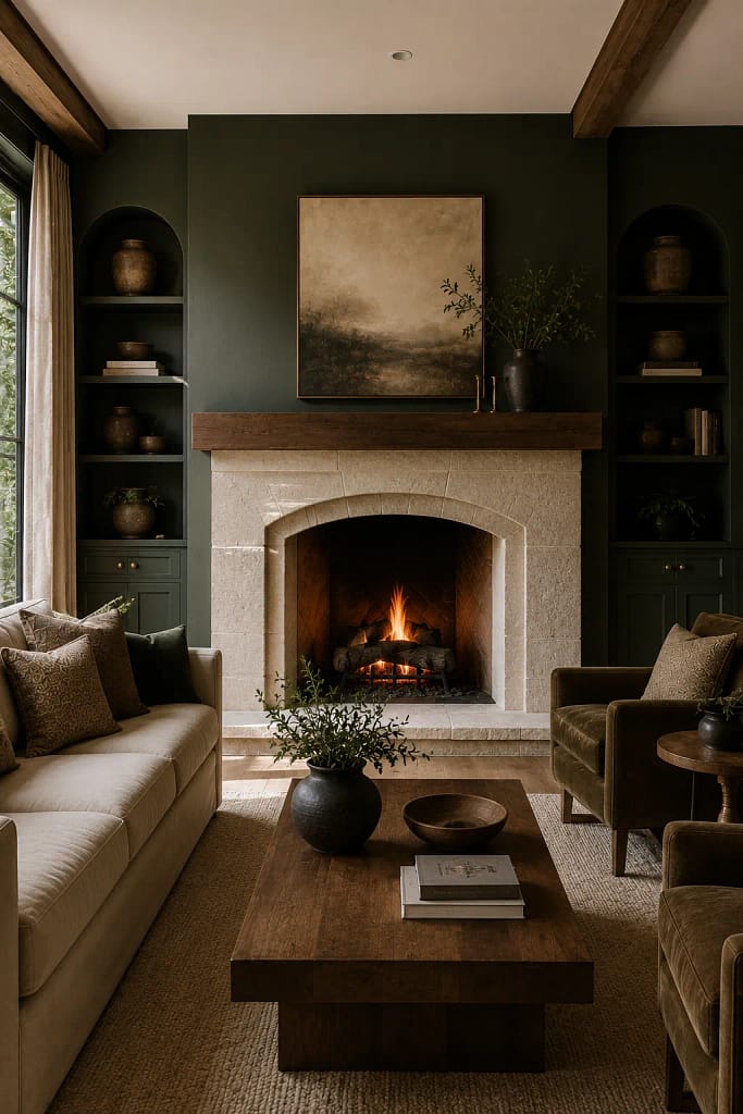 21 Dark Green Living Room Ideas for Rich Style 15 Stone Fireplace Surround