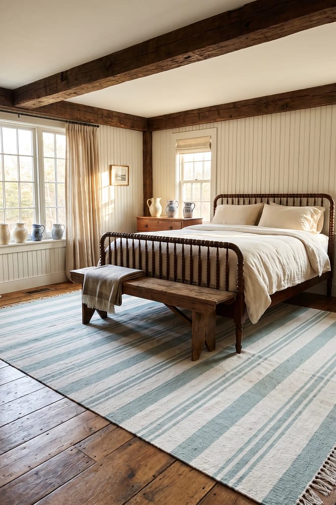 22 Seafoam Green Bedroom Ideas for Calm Coastal Style 18 Striped Coastal Rug