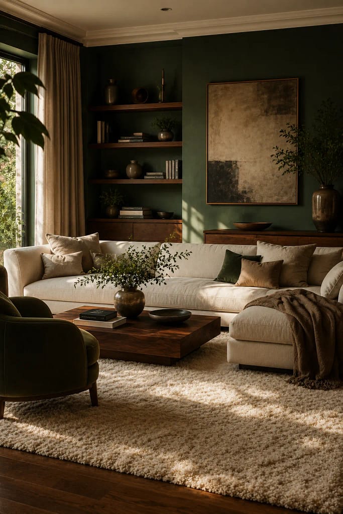 21 Dark Green Living Room Ideas for Rich Style 16 Textured Area Rug