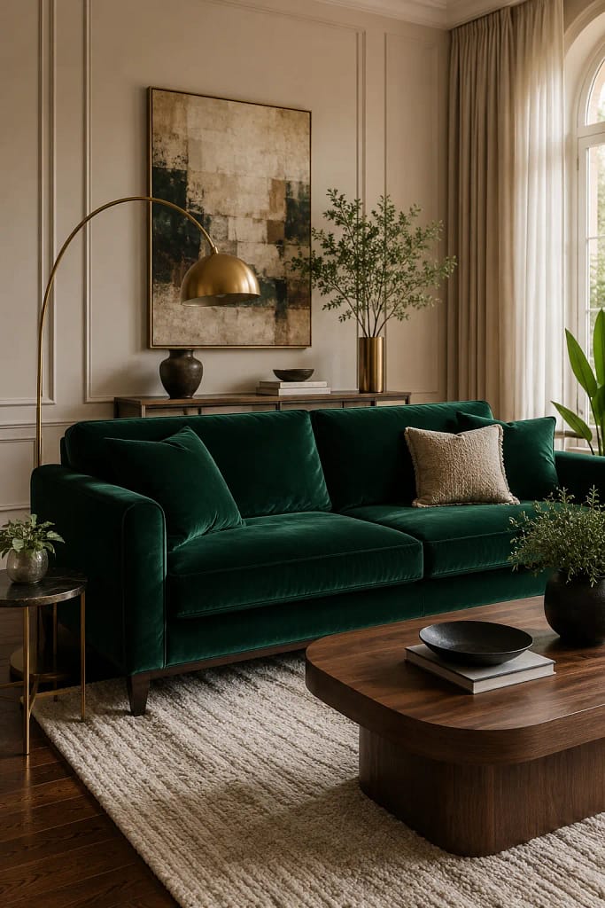 21 Dark Green Living Room Ideas for Rich Style 3 Velvet Green Sofa