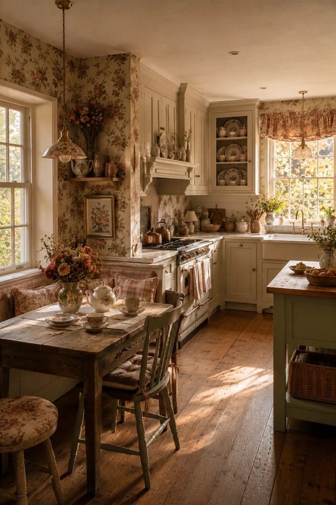 23 Fall Cottagecore Kitchen Ideas for Cozy Living 16 Vintage Floral Wallpaper