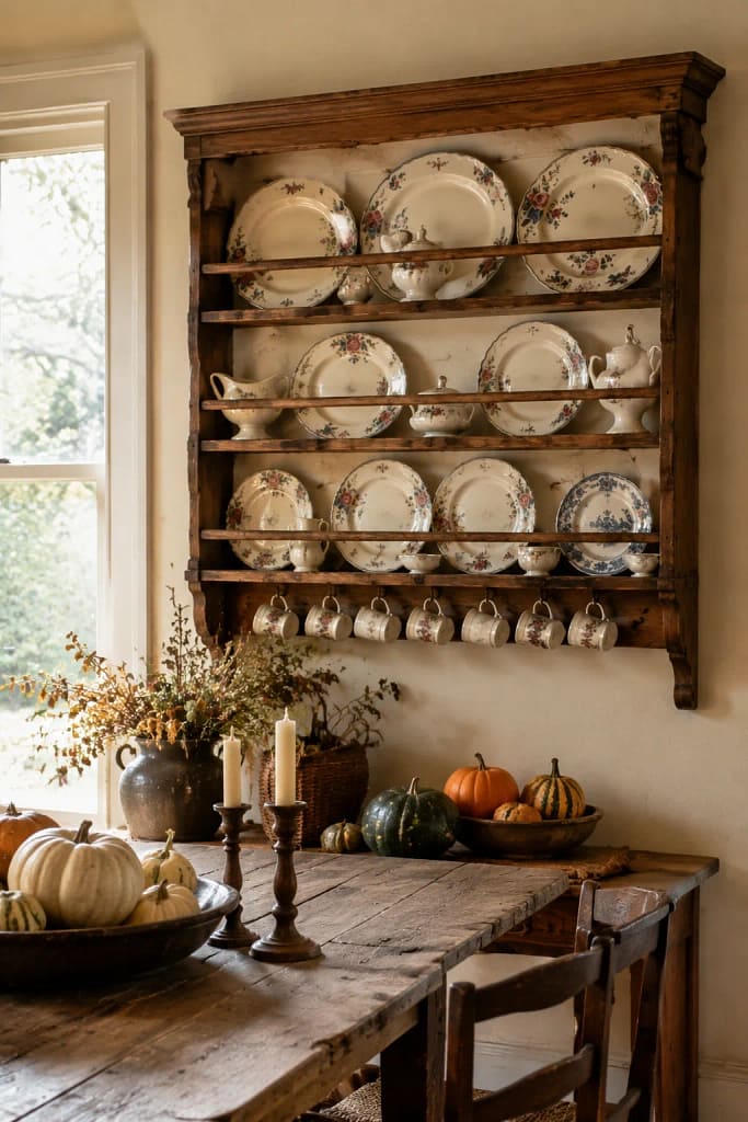 23 Fall Cottagecore Kitchen Ideas for Cozy Living 5 Vintage Plate Rack