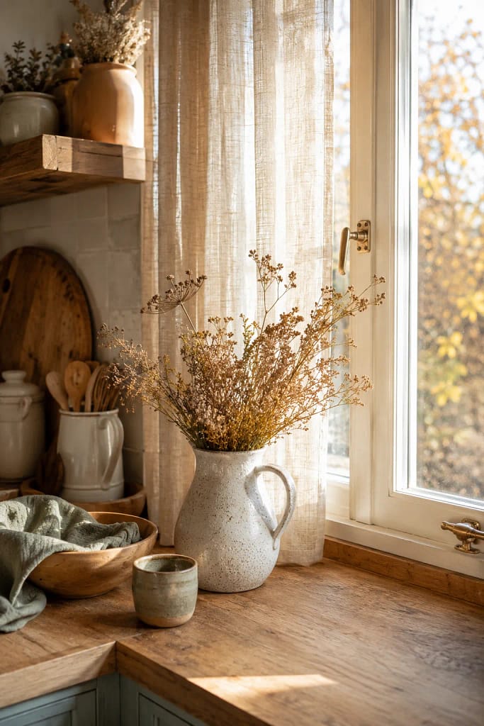 23 Fall Cottagecore Kitchen Ideas for Cozy Living 4 Warm Linen Curtains