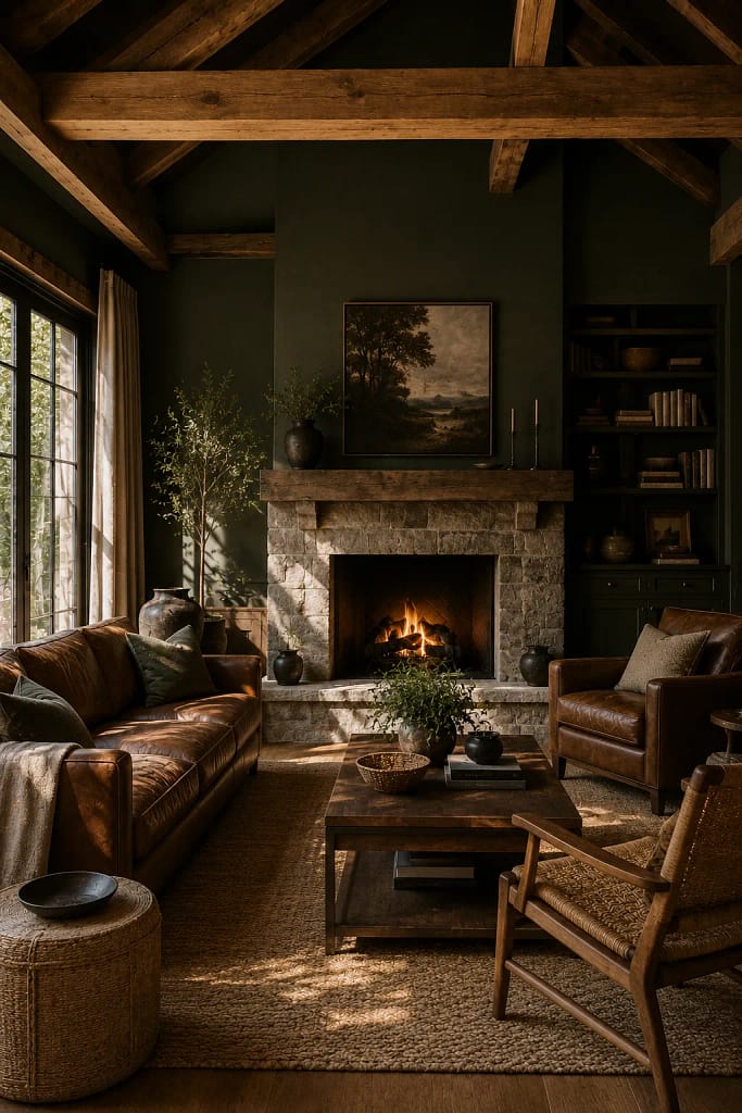 21 Dark Green Living Room Ideas for Rich Style 21 Warm Wood Ceiling Beams