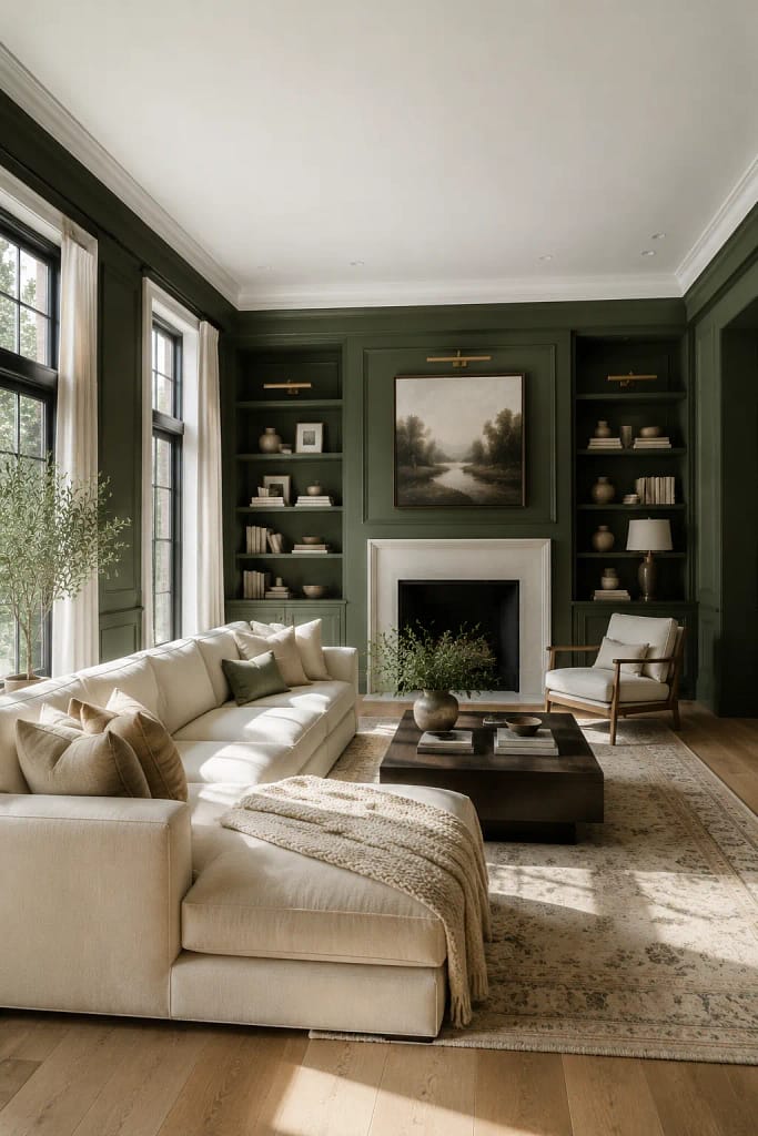 21 Dark Green Living Room Ideas for Rich Style 11 White Ceiling Contrast
