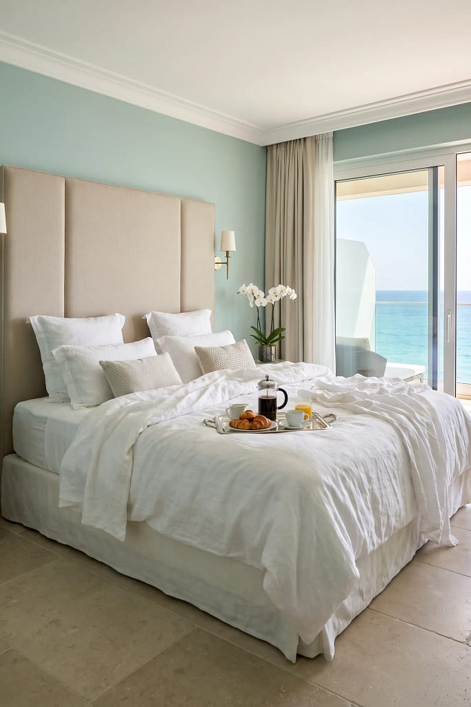 22 Seafoam Green Bedroom Ideas for Calm Coastal Style 3 White Linen Bedding