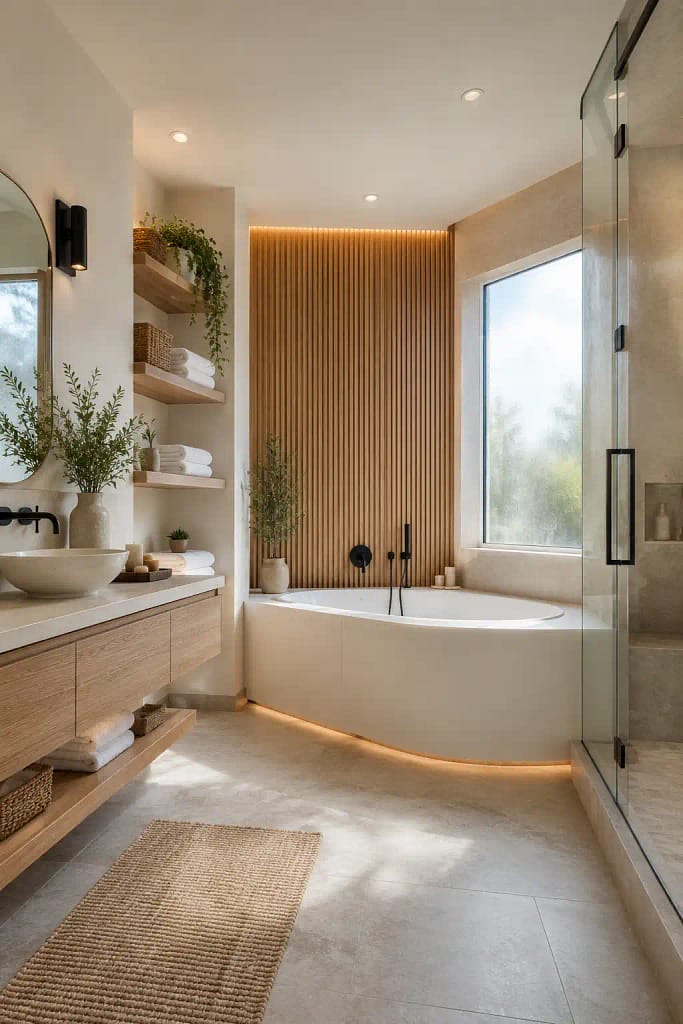 22 Corner Bathtub Ideas to Create Spa Style at Home 4 Wood Slat Backdrop
