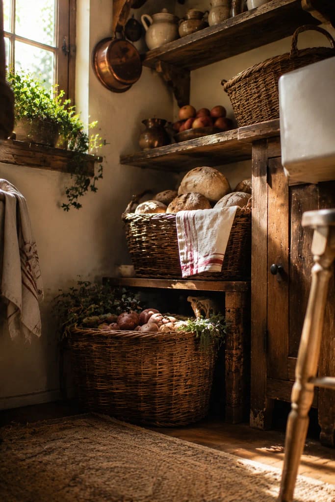 23 Fall Cottagecore Kitchen Ideas for Cozy Living 8 Woven Basket Storage