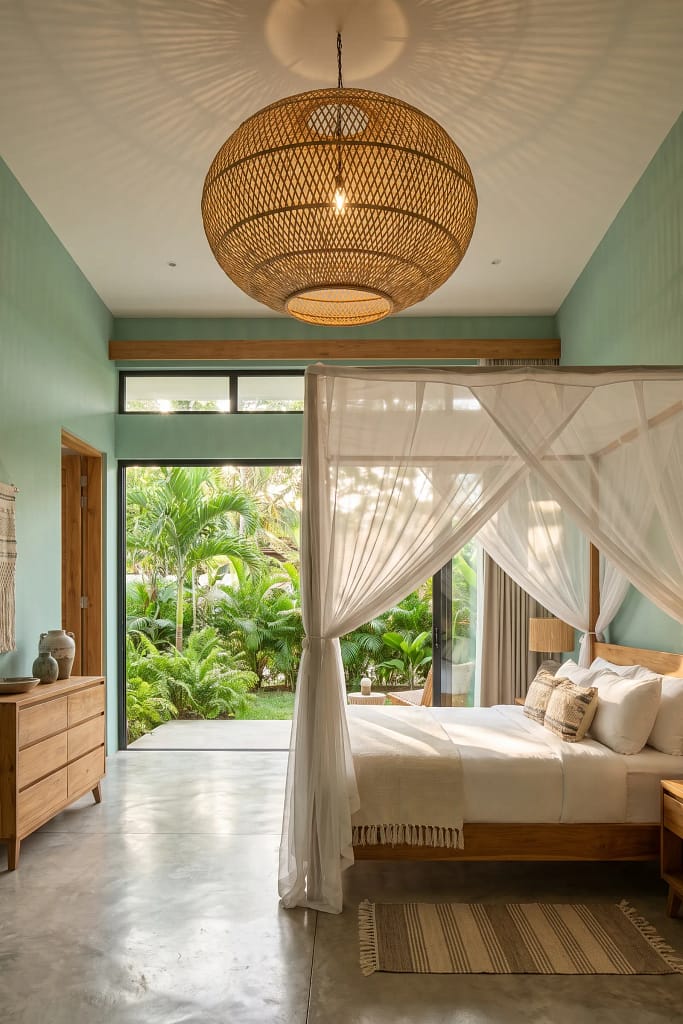 22 Seafoam Green Bedroom Ideas for Calm Coastal Style 15 Woven Pendant Light
