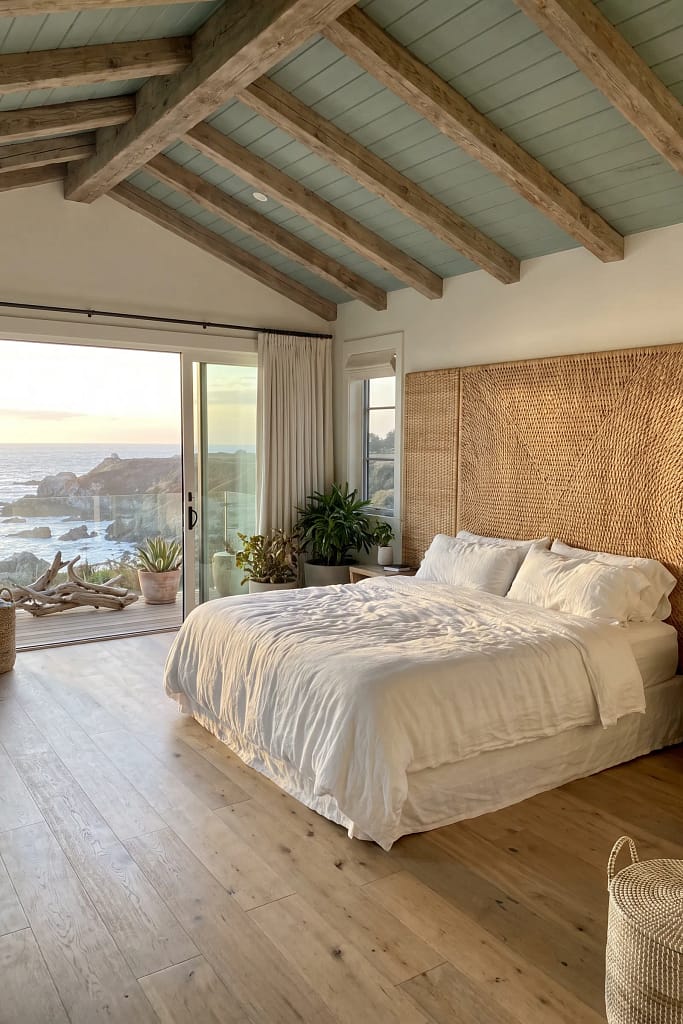 22 Seafoam Green Bedroom Ideas for Calm Coastal Style 5 Woven Rattan Headboard