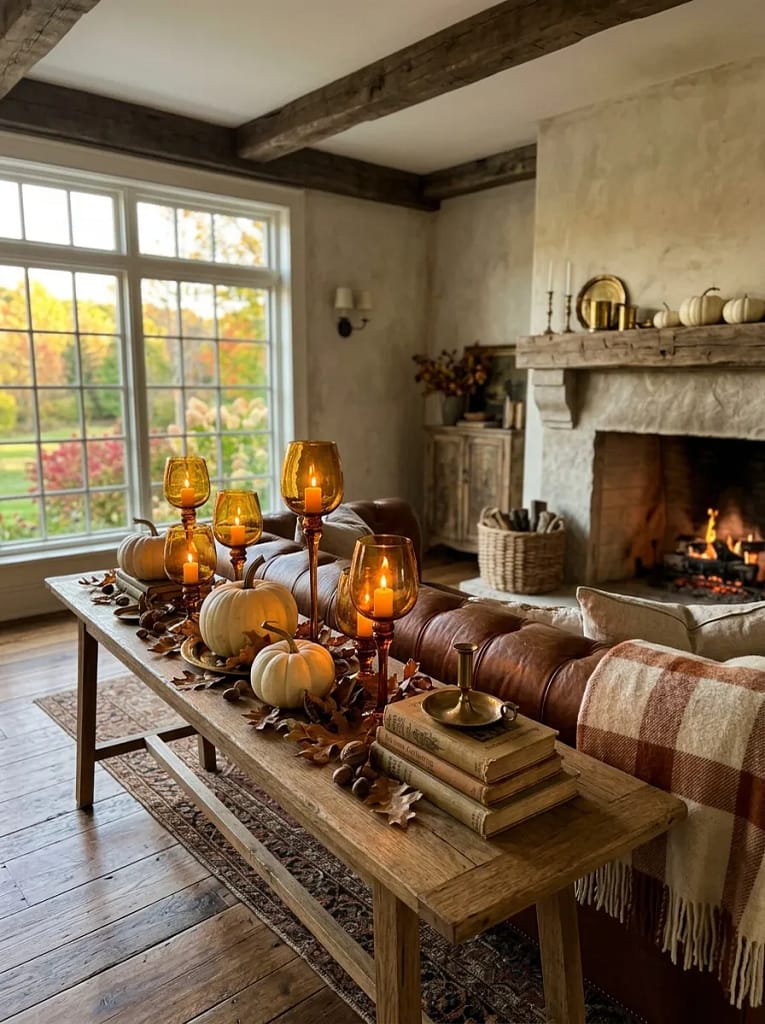 21 Farmhouse Fall Living Room Ideas Full of Warmth 12 Amber Glass Candles