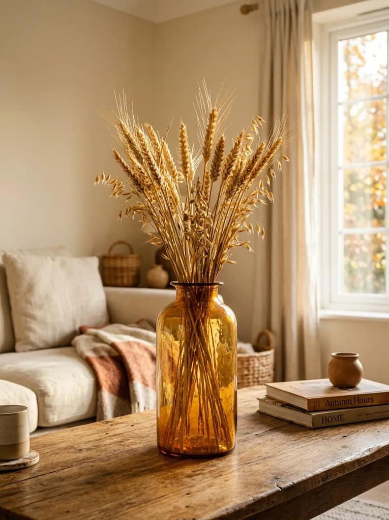 24 Fall Coffee Table Decor Ideas for Cozy Autumn Style 6 Amber Glass Vase