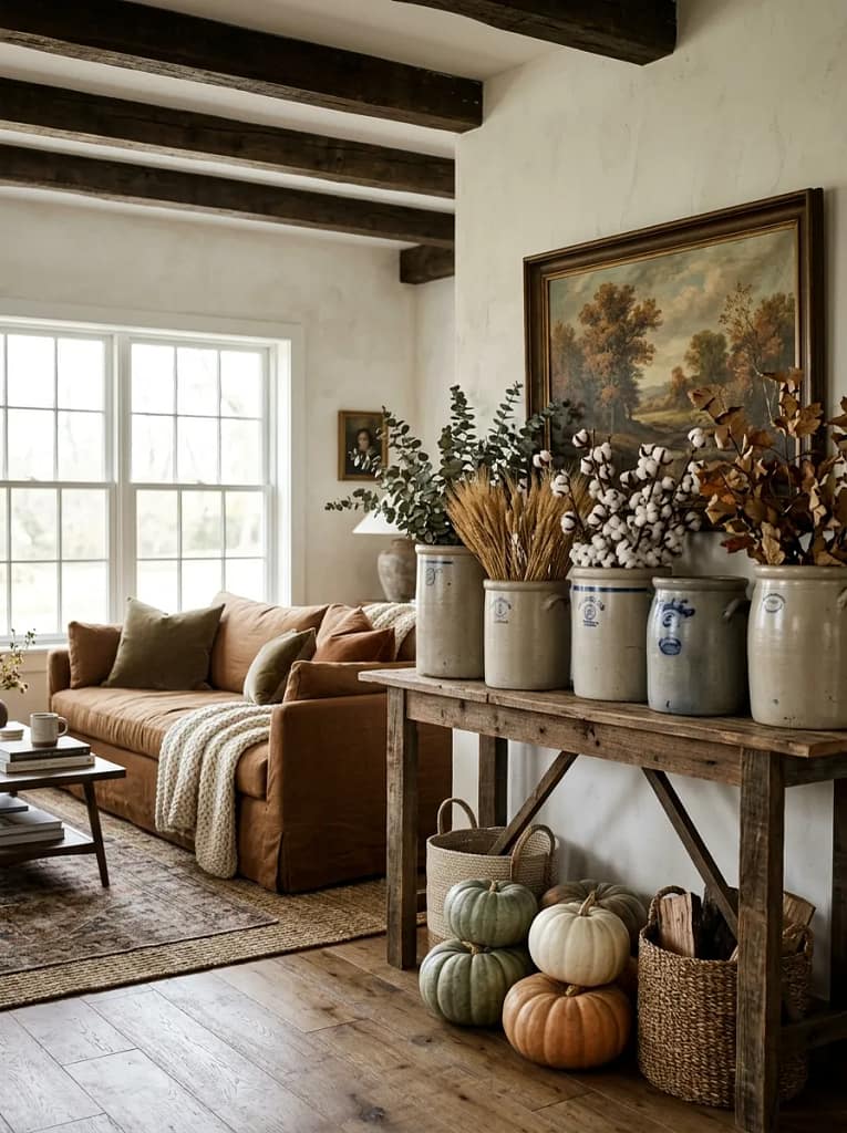21 Farmhouse Fall Living Room Ideas Full of Warmth 10 Antique Crock Display