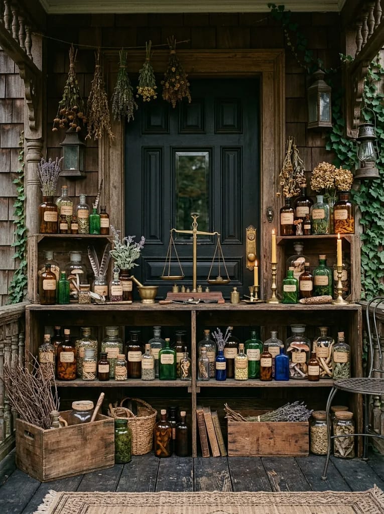 24 Witchcore Porch Ideas for Spooky Cozy Charm 9 Apothecary Bottle Display