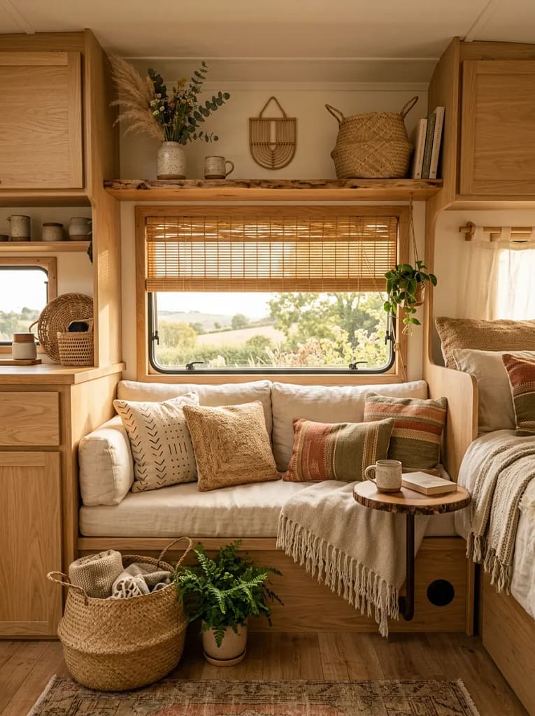 21 Boho Camper Interior Ideas for Cozy Tiny Living 15 Bamboo Window Shades