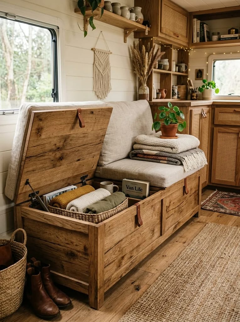 21 Boho Camper Interior Ideas for Cozy Tiny Living 20 Bench Storage Seating
