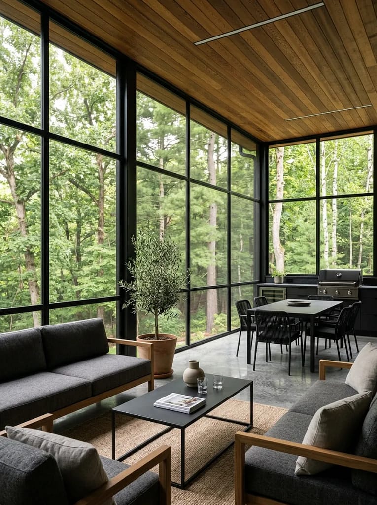 24 Screen Porch Ideas for Stylish Outdoor Living 21 Black Framed Screen Panels