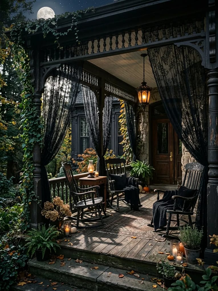 24 Witchcore Porch Ideas for Spooky Cozy Charm 19 Black Lace Porch Curtains