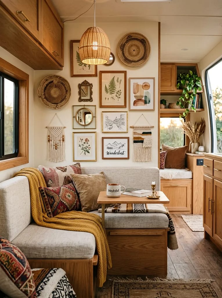 21 Boho Camper Interior Ideas for Cozy Tiny Living 13 Boho Gallery Wall