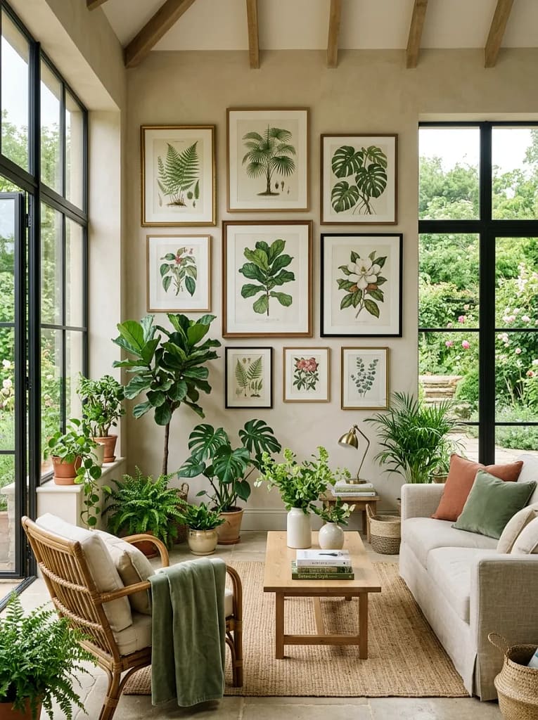 22 Cozy Sunroom Ideas for Bright Relaxing Spaces 15 Botanical Wall Art