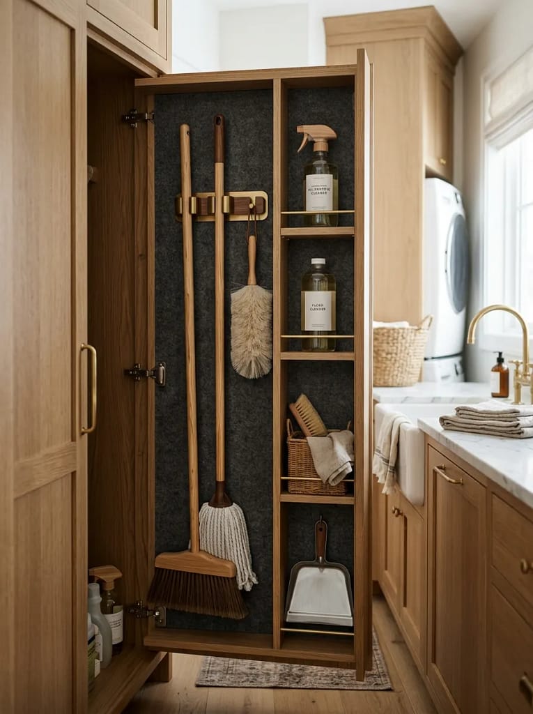 22 Fall Laundry Room Storage Ideas for Tidy Spaces 19 Broom and Mop Storage